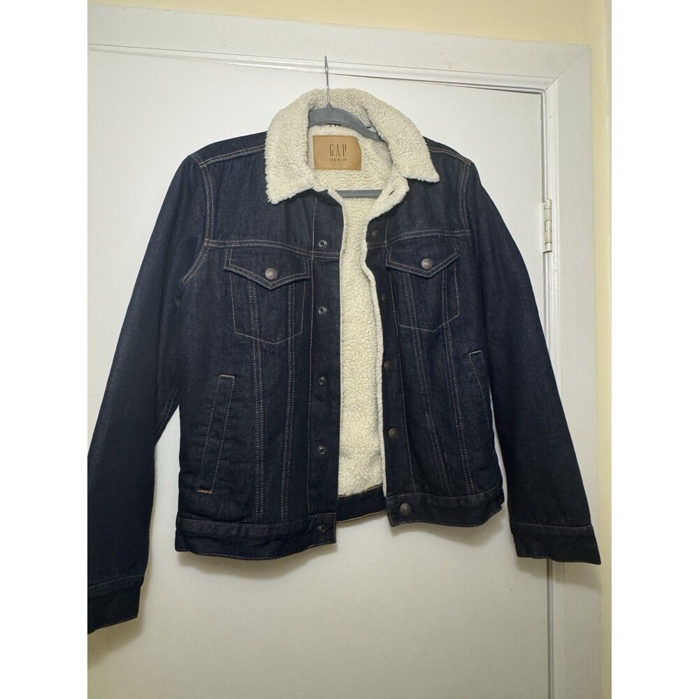 GAP Dark Rinse Denim Jacket Sherpa Lining Men Small Trucker Jean Indigo Fleece